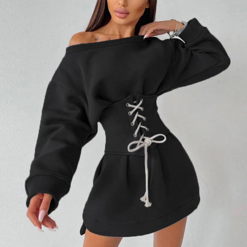 

Women's 2021 Autumn and Winter New Solid Color Round Neck Long-sleeved Loose Casual Elastic Waist Sweater Skirt Women's Skirt