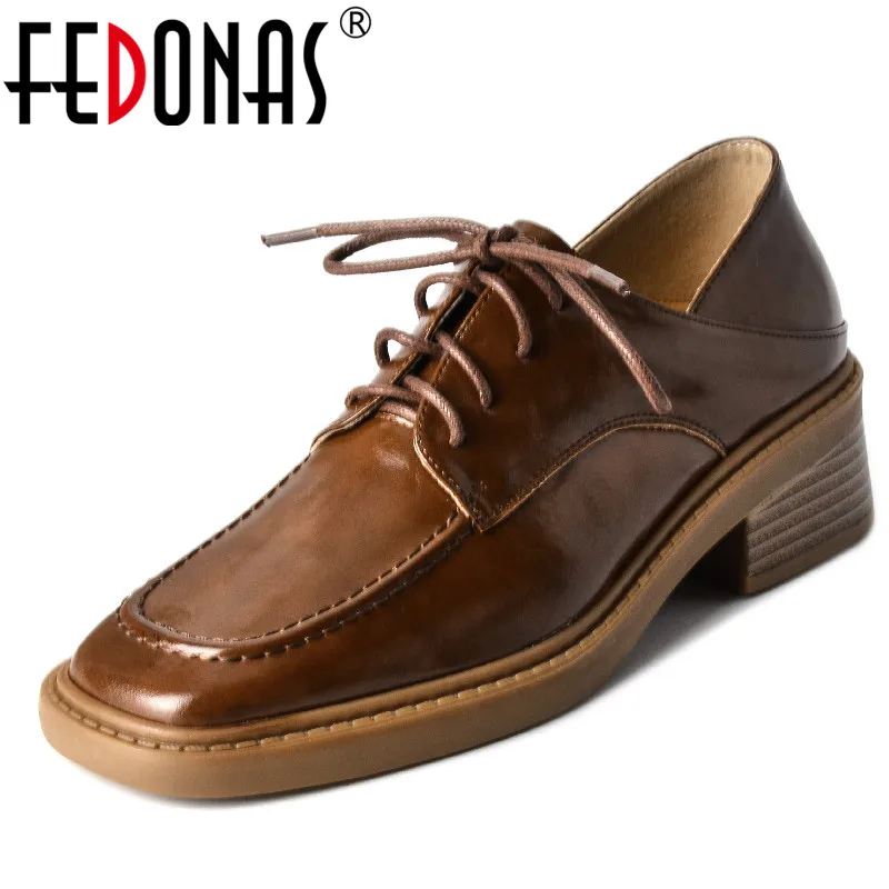 

FEDONAS Women Pumps Spring Summer Concise Sewing Genuine Leather Thick Heels Lace-Up Shoes Woman Retro Working Casual Dress