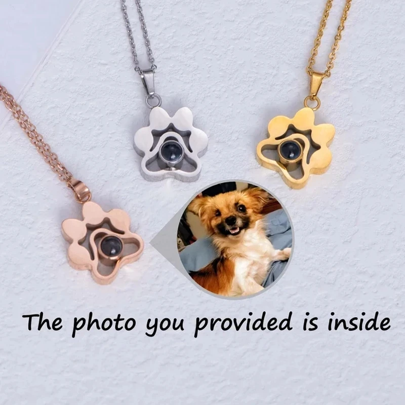 Customized Projection Necklace Dog Cat Photo Paw Pendant Necklace Personalized Pet Picture Necklace Birthday Gift For Pet Person