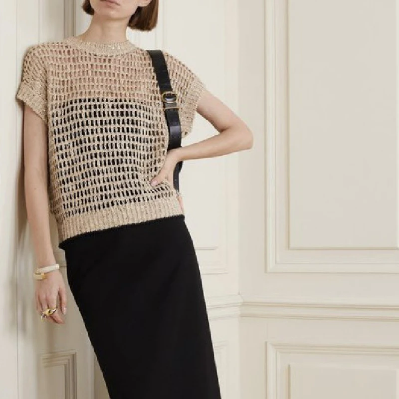 

Женский пуловер с коротким рукавом, вязаный пуловер из шелка и хлопка с блестками и вырезами на крючке, Новинка лета 2023