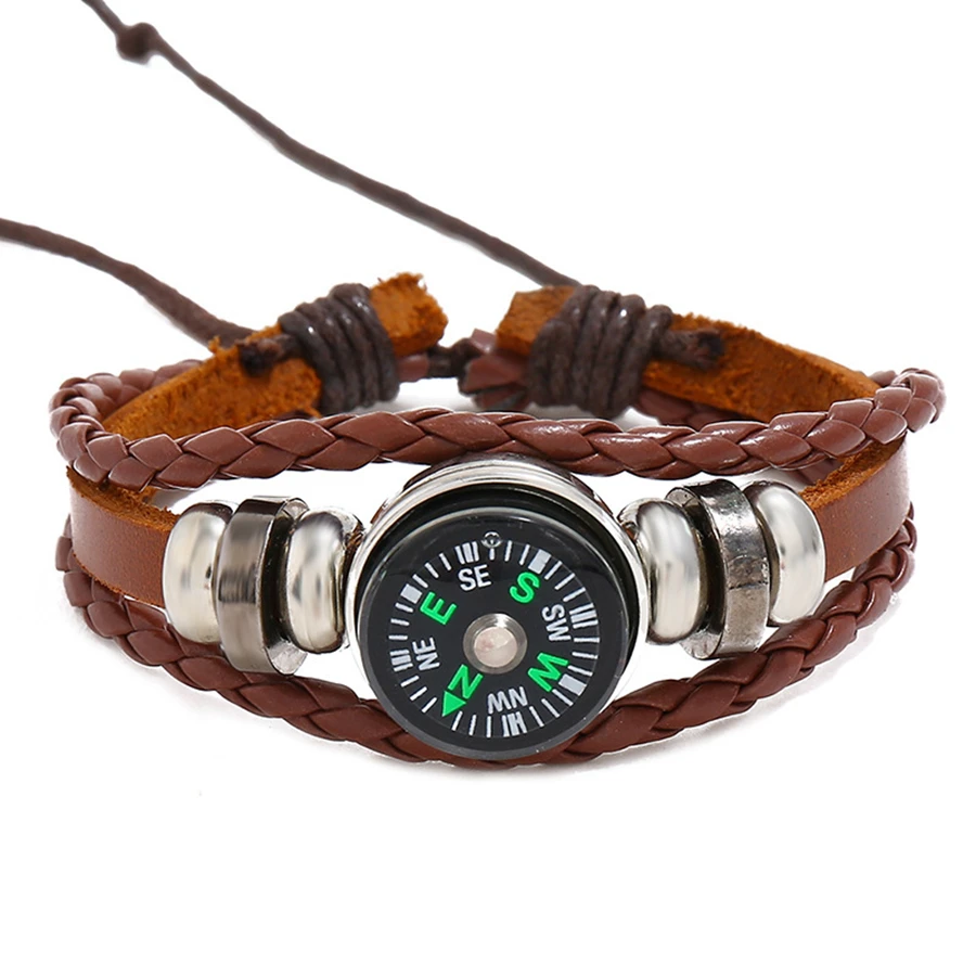 

Fashion Stainless Steel Beaded Man Leather Bracelet Multilayer Woven Outdoor Compass Adjustable Size Punk Bracelet Jewelry