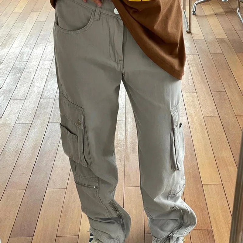 Vintage Multiple Pockets Cargo Pants Women Autumn Low Waist Casual Baggy Pants Jean Femme Ladies Loose Fit Straight Jeans Y2k