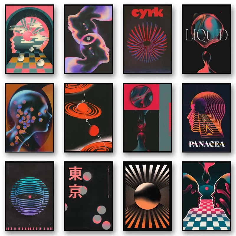 Фото Абстрактный футуризм, настенное искусство, темный красочный персонаж, геометрическая печать на холсте, модный ретро-плакат для гостиной, домашний декор, подарок №1
