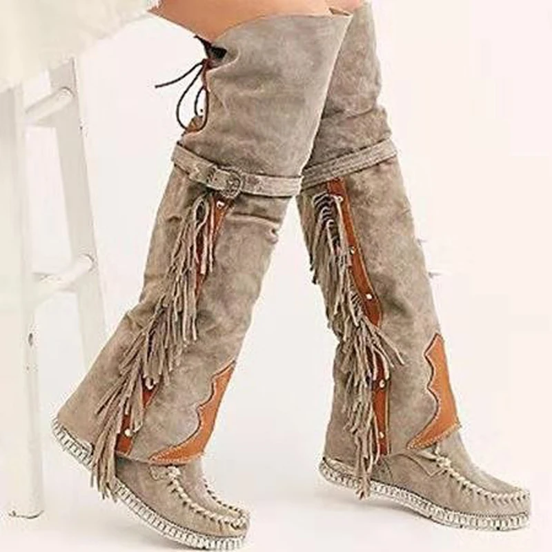 

Fashion Flats Knee-length Women Boots Ethnic Personality Woman High Boots Tassels Faux Suede Boots Flat Bottom Long Botas Mujer