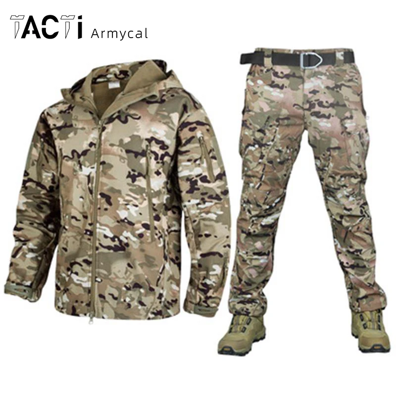 Military Tactical Jacket Men's Clothing Suit Windbreaker Jacket Hoodie Sports Multi Pocket Winter Coat Fleece Combat Set