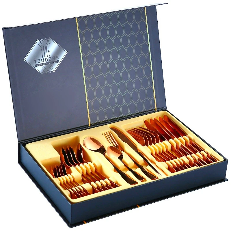 

24pcs Stainless Steel Cutlery Set With Box Titanium-plated Portuguese Knife, Fork, Spoon Gift Set Tableware Kitchen Utensils