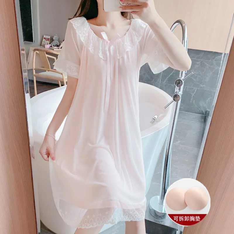 

2022 New Palace Nightdress Women's Summer Thin Lace with Cushion Nightgown Modal Pregnant Sweet Princess Home Clothes Sleepwear