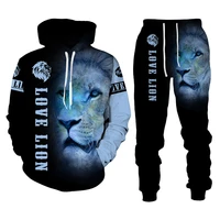 couple tracksuit fashion lion print sweatshirt and sweatpant 2 pieces lovers casual sport outfit men clothing women hoodie suit