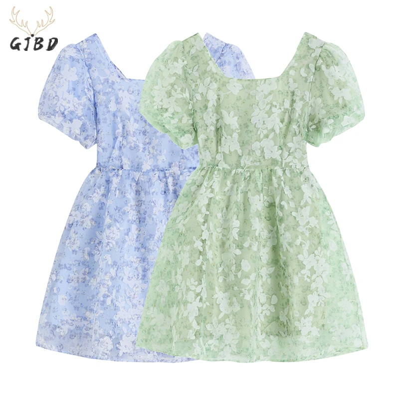 

Women's Mesh Dress Butterfly Printing Square Neck Puff Short Sleeve Casual Vintage High Waist Baggy Short Skirt Ladies Summer