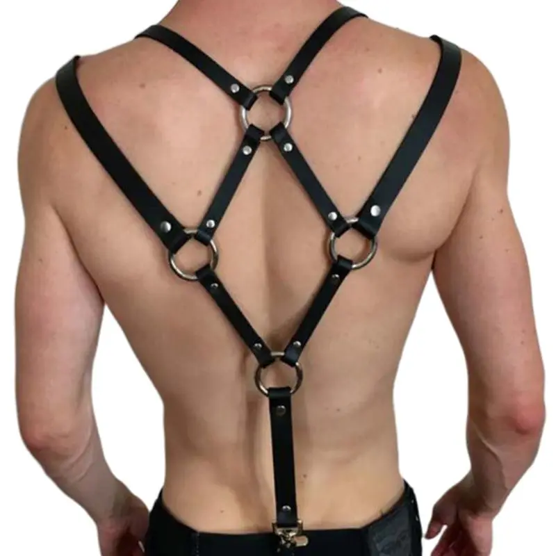 

28TF Mens Sexy Harajuku Faux Leather Body Chest Half Harness Suspenders Punk Sling Buckle Shoulder Straps Belt O-Rings for Party