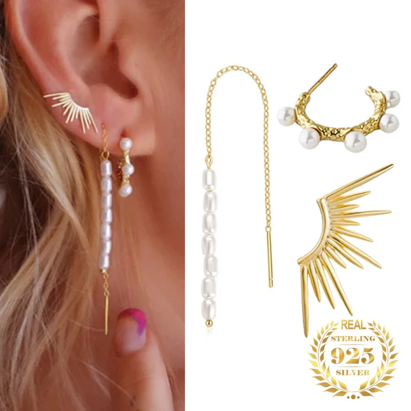 

DIY Party Trendy Jewelry Set 925 Sterling Silver Single Shining Sun Pearl Chain Tassel Stud Earrings Hoop for Women Drop Earring