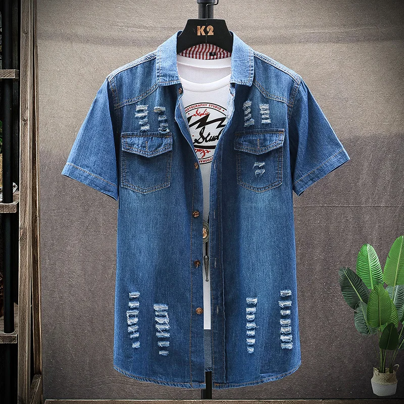 

M-3XL 2023 Cotton Denim Jacket Men Casual Solid Color Lapel Single Breasted Jeans Men's denim jacket Short sleeved summer shirts