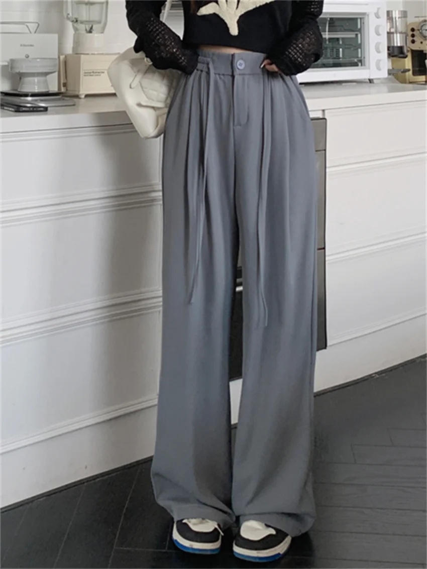 

HziriP Grey Trousers New Solid Casual Women High Waist Autumn 2022 Wide Leg Loose Chic All Match OL Streetwear Slim Pants