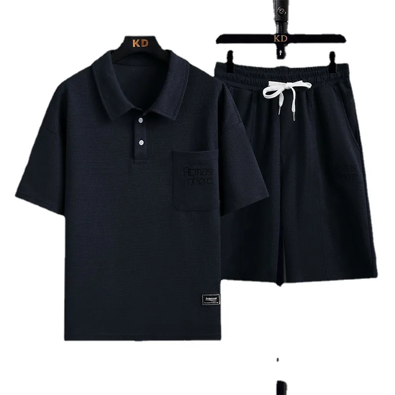 Men's Waffle Polo Shirt 2023 New Summer Leisure Sports Suit Letter Embroidered Lapel Short-Sleeved Shirt