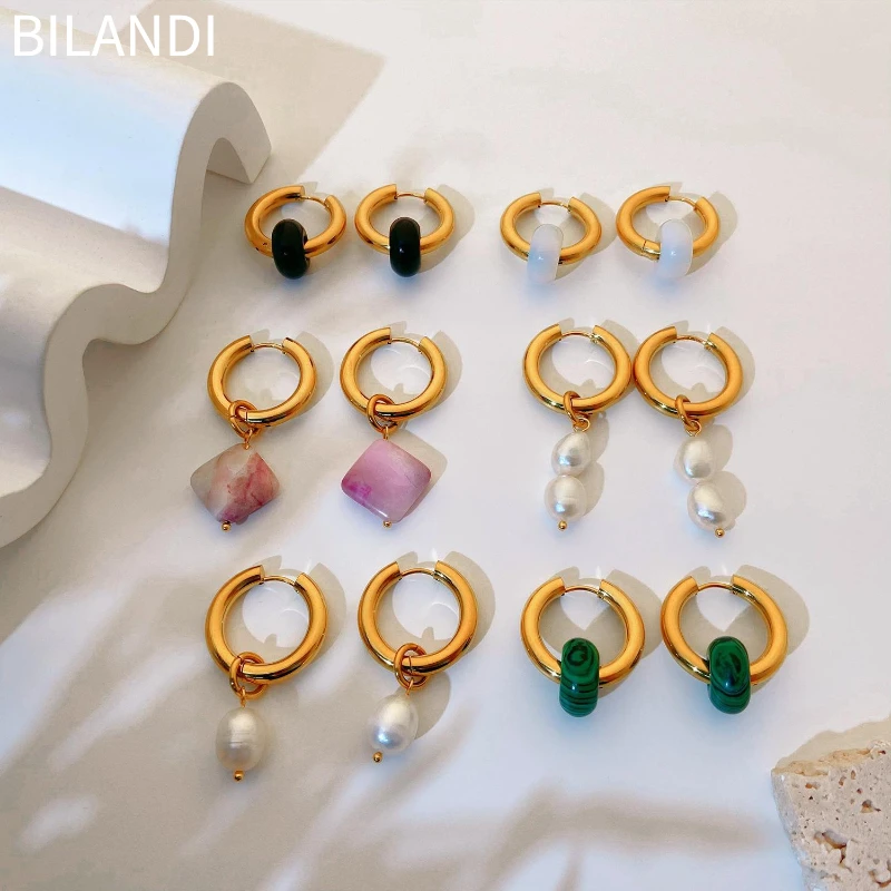 

Bilandi Fashion Jewelry Composite Stone Earrings Popular Two Wear Way Copper Round Circle Gold Color Earrings For Women Gift