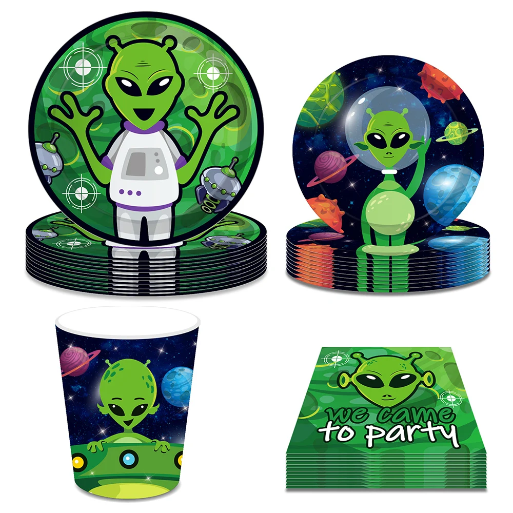 

Cartoon Space Alien Saucerman Birthday Party Paper Disposable Tableware Sets Plates Cups Napkins Baby Shower Party Decorations