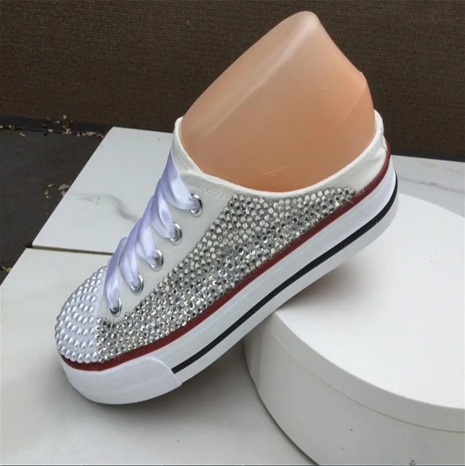 

Custom pearl rhinestone lace ultra low help sports leisure walking canvas shoes large size 35-44
