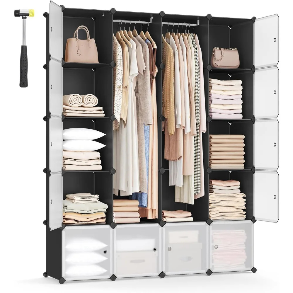 

SONGMICS Cube Storage Organzier Portable Wardrobe Closet, 12 Cubes DIY Plastic Armoire Cabinet Modular Shelves Unit with Doors