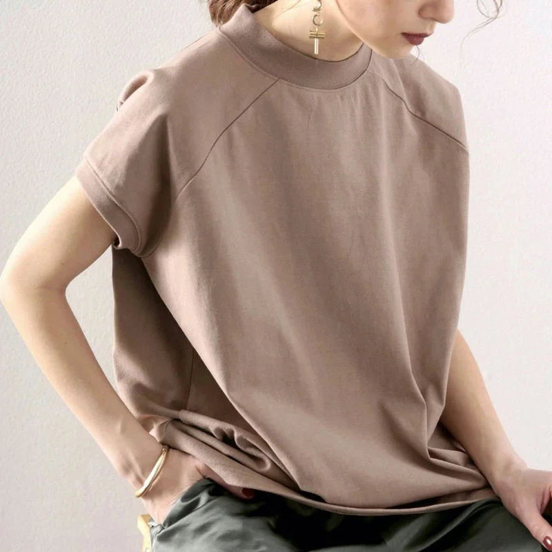

Lotte Summer New Women's T-Shirt Half High Neck Short Sleeve Cotton Loose Top Japan