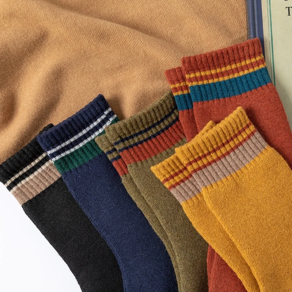5 Pairs Autumn and Winter New Striped Colorful Terry Thickened Women Socks Retro Pure Color Ethnic Warm Rabbit Wool Socks