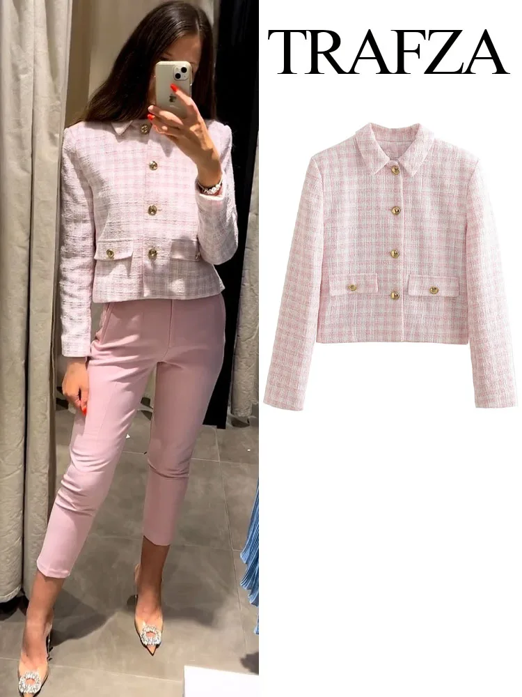 

TRAFZA Autumn Winter Women Fashion Lapel Long Sleeve Keep Warm Suit Coat Chic Pocket Button Decorate Plaid Texture Suit Overcoat