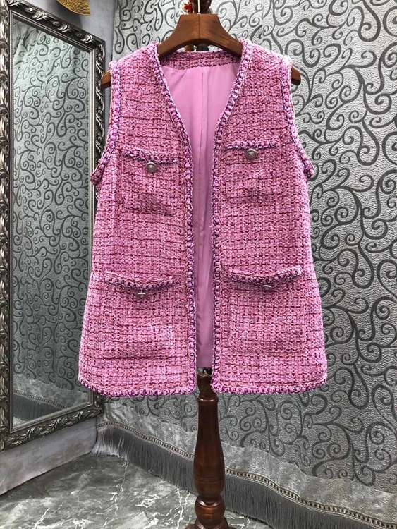 

2022 new women fashion trim pocket mid length wool mid length vest top 724