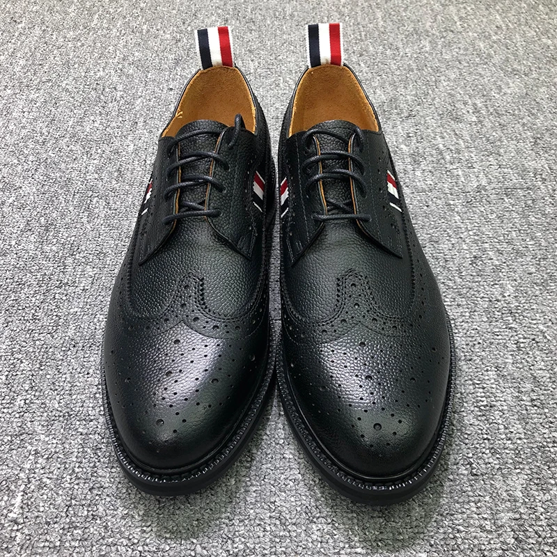 

TB THOM Shoes Fashion Brand Footwear Tricolor Stripes Black Pebble Calfskin Long-wing Brogues Business Wedding TB Leather Shoes