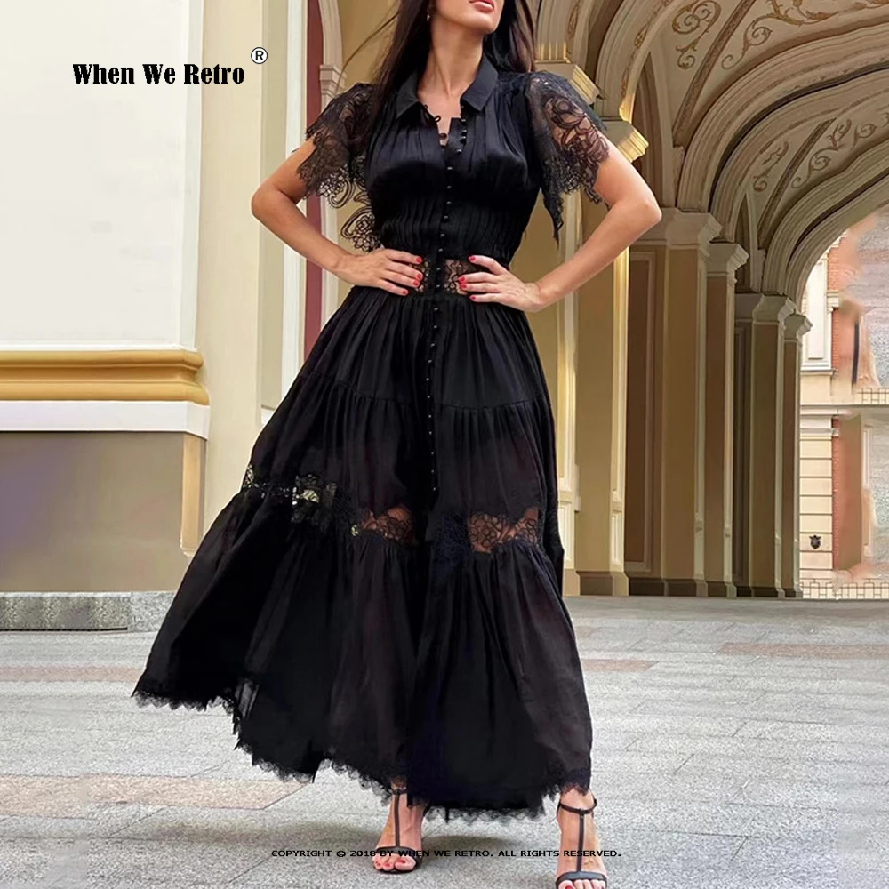 Solid Spliced Lace Dress For Women Lapel Short Sleeve Gathered Waist Pullover Long Dresses Female Summer Clothing 2023 VP0239