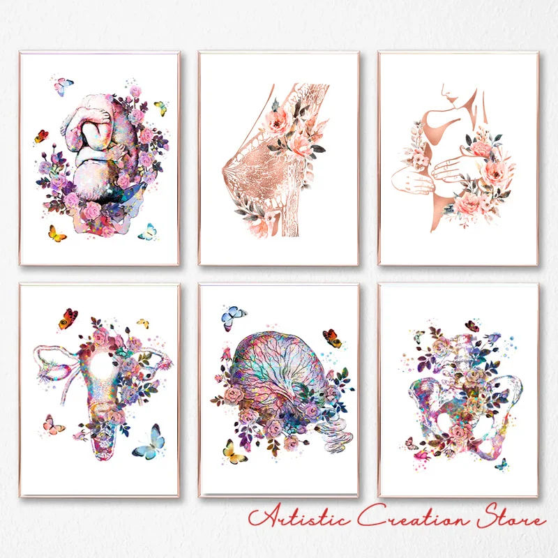 Постеры OBGYN, Декор, настенная Картина на холсте, анатомия груди, Художественная печать, молочная железа, матка, цветочные картины, подарок, клиника, домашний декор