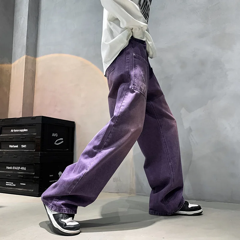 Purple Wide Jeans for Men Ins Fashion Hip Hop Denim Trousers Vintage Casual Pants Streetwear Oversized Bottoms Male Y2K Clothes