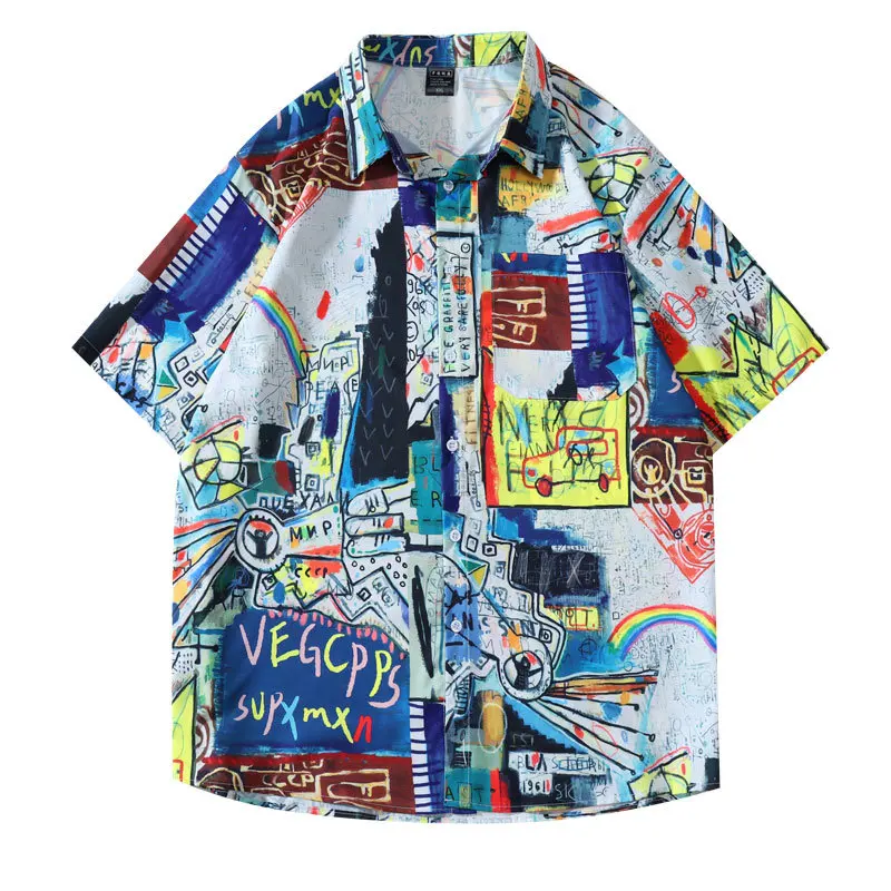 

Гавайская рубашка мужская с коротким рукавом, уличная одежда в стиле хип-хоп, блузка на пуговицах с принтом граффити, Повседневная Свободна...