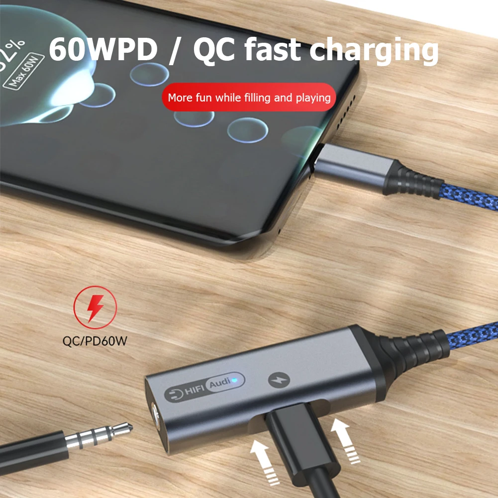 

Адаптер для наушников 2-в-1 с двумя портами Type-C/Type-C на 3,5 мм и кабель-переходник для быстрой зарядки на 60 Вт для Huawei