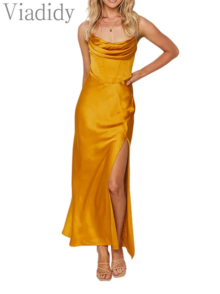 

Women Sexy Solid Color Sleeveless Ruched Backless Side Slit Satin Dress