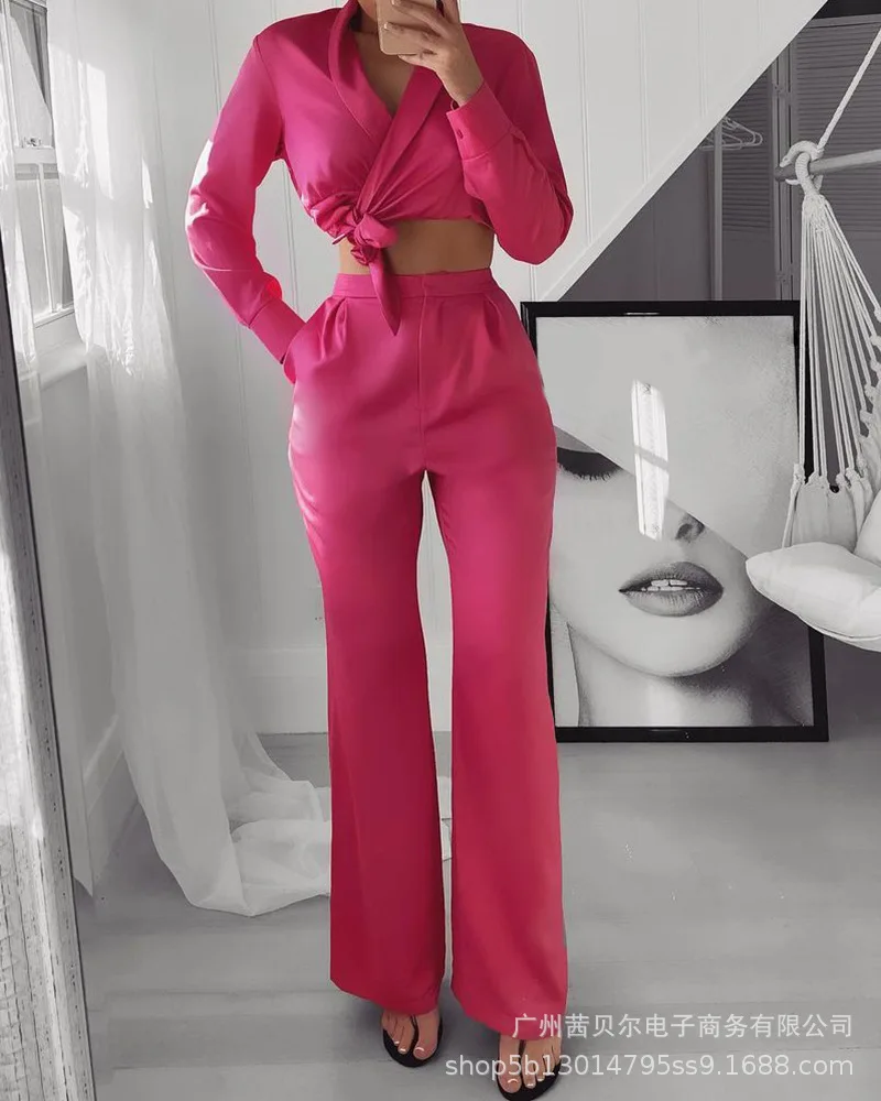 

Women's two-piece set 2022 women's new rose red bandage lapel exposed belly button top + wide-leg pants suit women's tracksuit