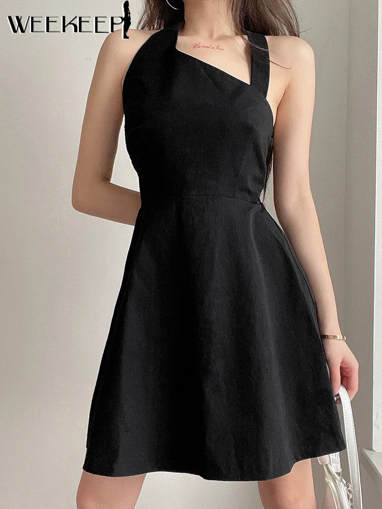 

Weekeep Casual A-Line Dress Summer Backless Halter Short Dresses Korean Fashion Streetwear Elegant Women Sexy Party Clothes 2022