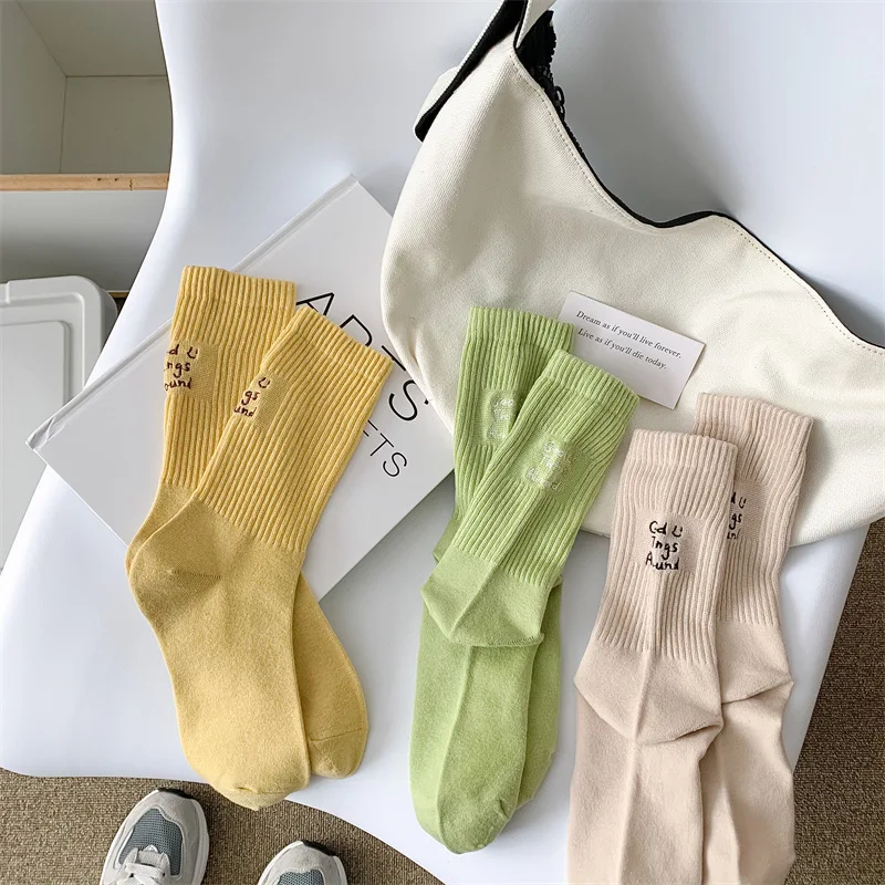 Women's Stockings 2pcs Kawaii Solid Color Monogram Embroidery Fashion Style Colorful Leisure Simple Long Cotton Woman Socks Set