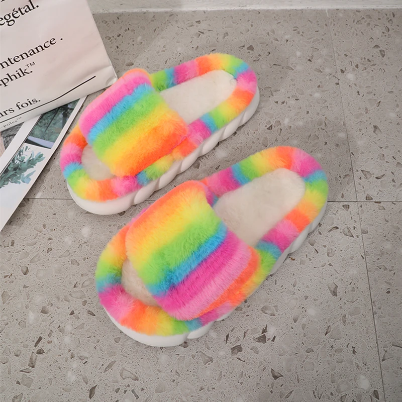 

Autumn Winter Platform Rainbow Slippers Women's Fashion Plush Slippers Drag Indoor Cotton Slippers Women Shoes Plus Sizes 43