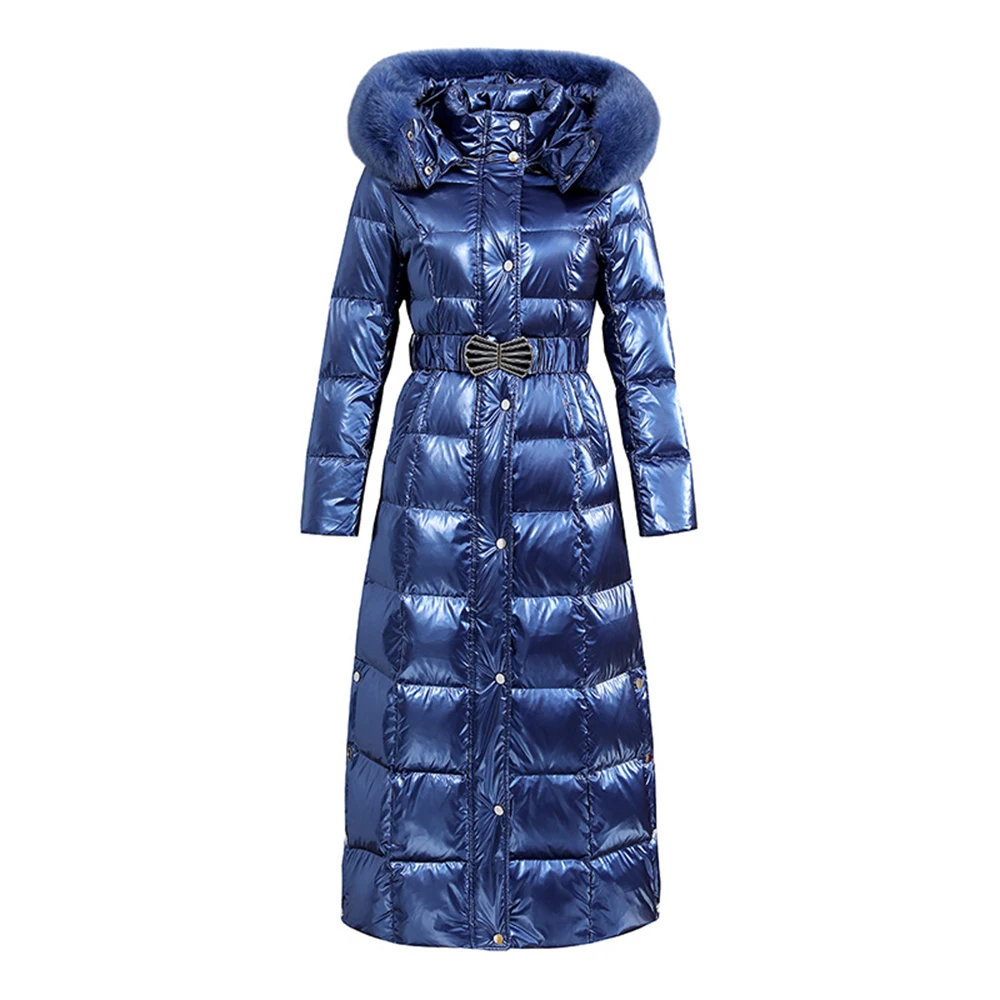 New Women Long Down Coat Winter Fashion Wash Free Glossy Surface Real Fox Fur Collar Thicken Down Jacket Strecth Belt Overcoat