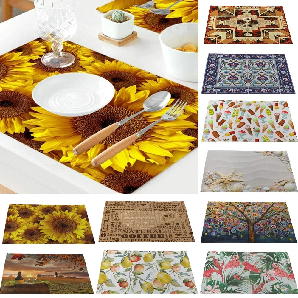 Sunflower Placemats Vintage Rustic Field Tree Place Mats for  Waterproof Non-Slip Heat-Resistant Linen Outdoor Dinner Table Mats