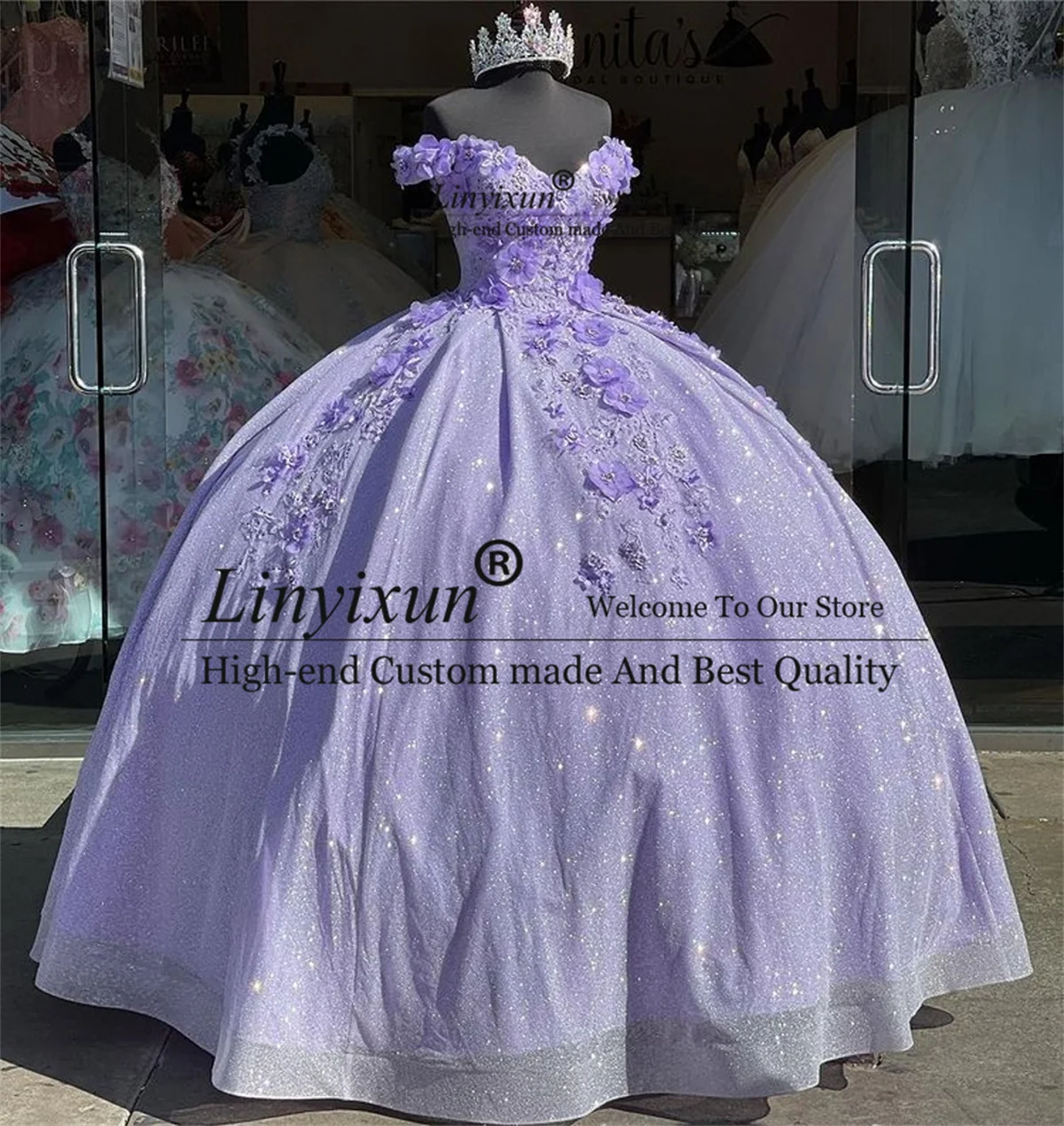 

Lilac Sparkly Ball Gown Quinceanera Dresses 2022 Sweetheart 3D Flower Applique Sweet 15 16 Dress Birthday vestidos de 15 años