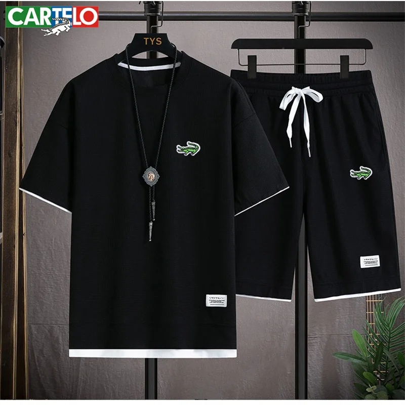 CARTELO Summer Men's 2-Piece T-shirt+Shorts Sportswear Fashion Embroidery Loose Harajuku Style Street Apparel Casual Golf Set