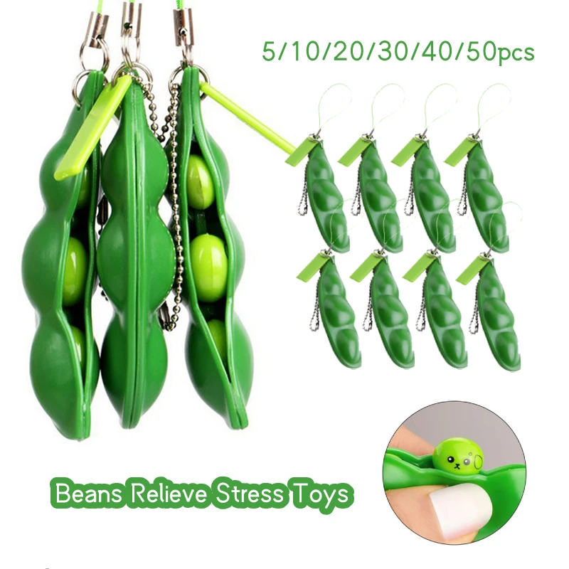 

5-50Pcs Sensory Press Toy Squeeze Pea Beans Relieve Stress Facial Expression Game Keychain Decor Decompression Toys
