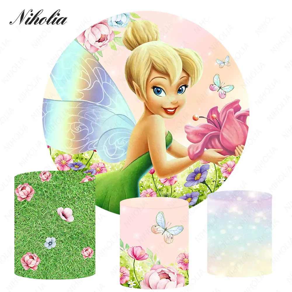 Fairy Tinker Bell Photo Background Circle Cover For Girls Kids Birthday Party Round Photography Backdrop Studio Elastic Decor