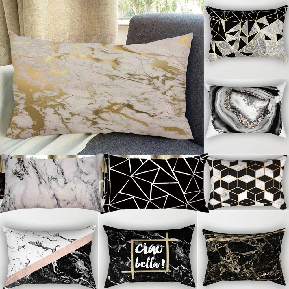 

Linen Black Golden Marble Cushion Cover Fashion Nordic Modern 30x50cm Waist Pillowcase Letter Geometric Cushion Cover ShortPlush