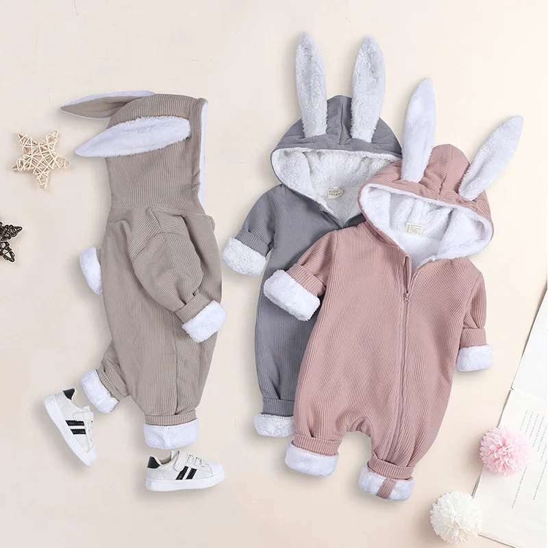 

Newborn Warm Baby Rompers Autumn Winter Cute Bunny Ears Plush Hooded Zipper Girls Jumpsuits 0 3 6 9 12 18 Months Kids Clothes