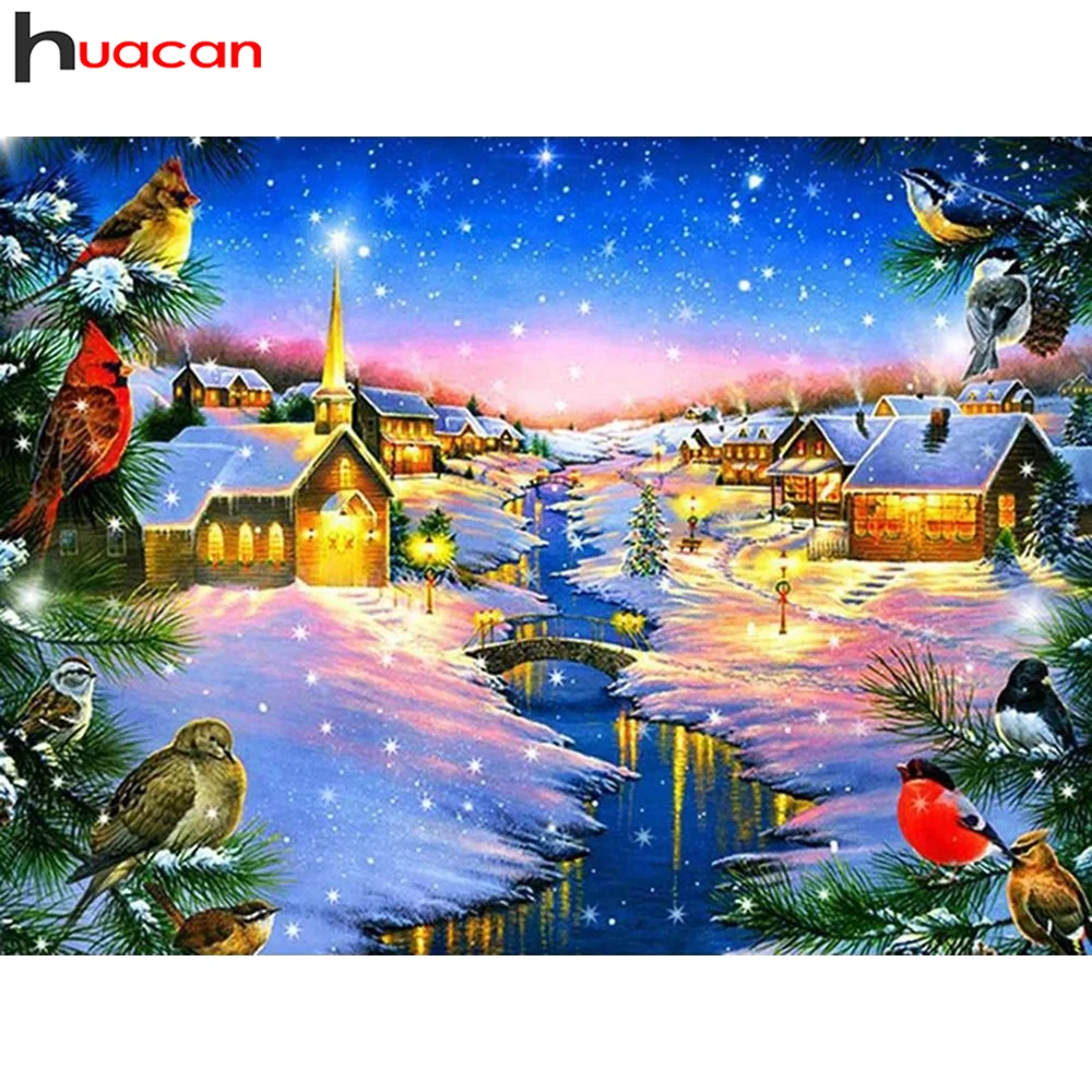 

Huacan 5d Diy Diamond Art Painting Night Scenery Embroidery Mosaic River Town House Landscape Home Decor