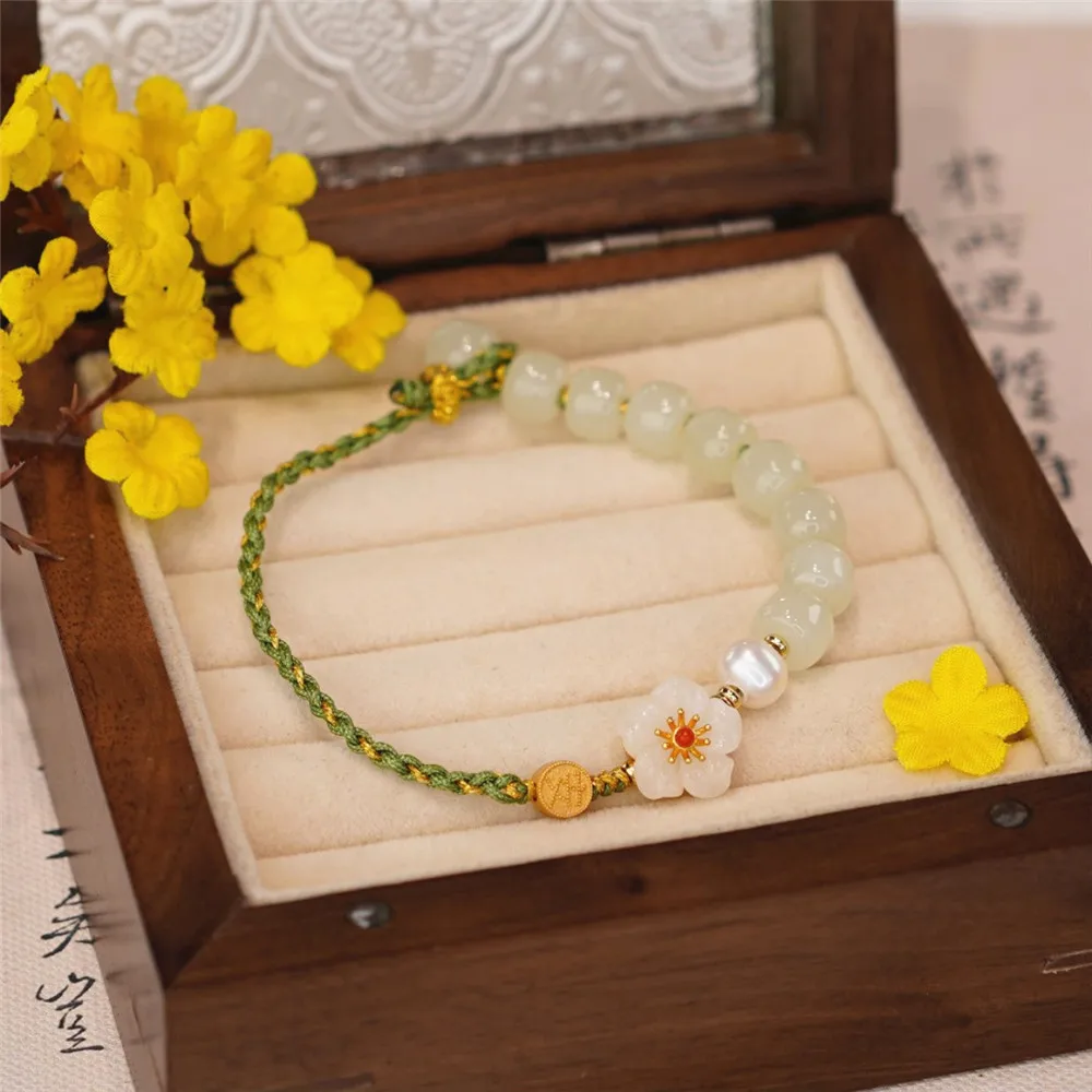 

Natural Hetian Jade Beads Small Peach Blossom Women Bracelet Ethnic Handmade Braided Rope Cute Pearl Adjustable Jewelry Gift