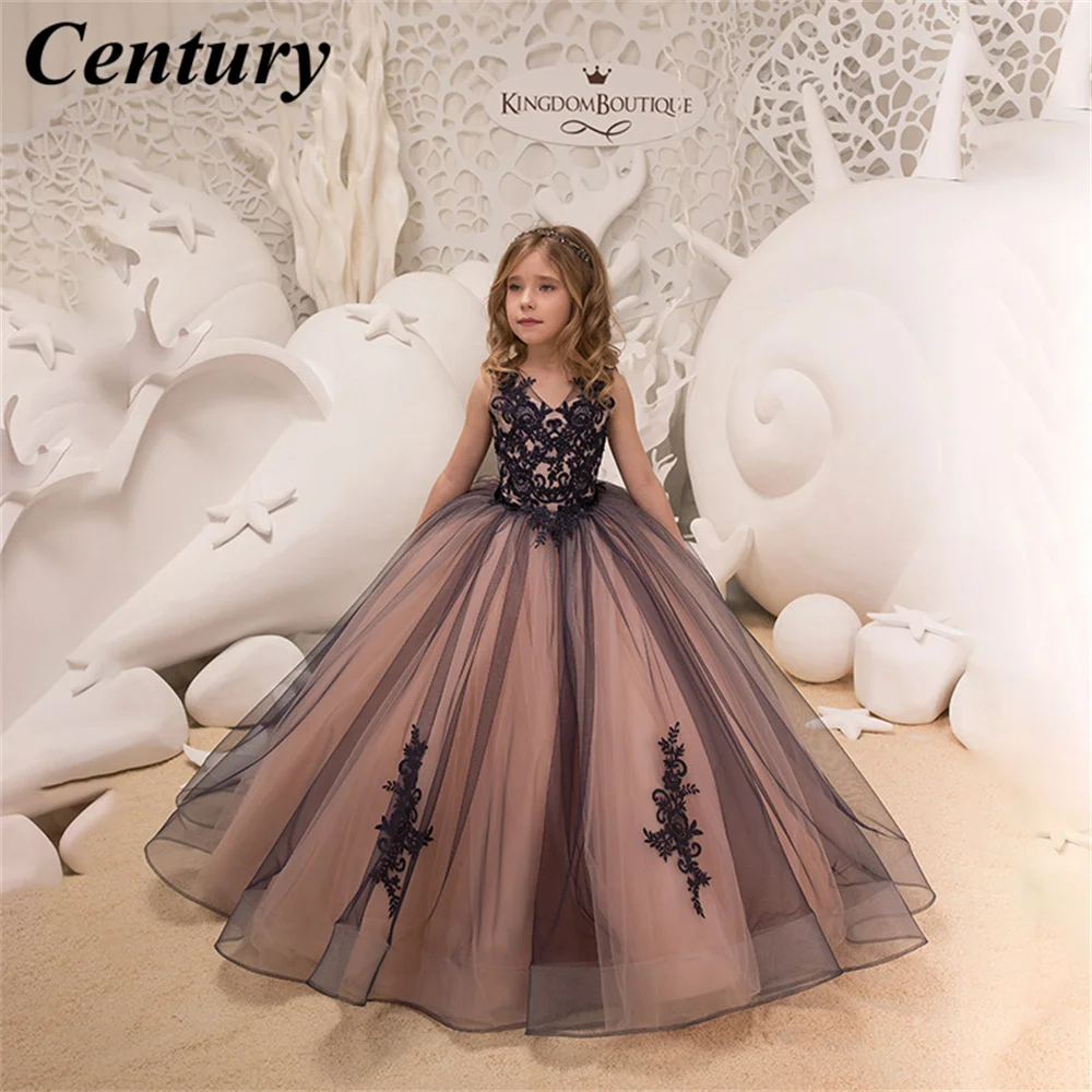 

A Line Flower Girl Dress Appliques First Communion Dress Sweep Train Birthday Party Gown V NeckCute Girl Dress Vestido De Noiva