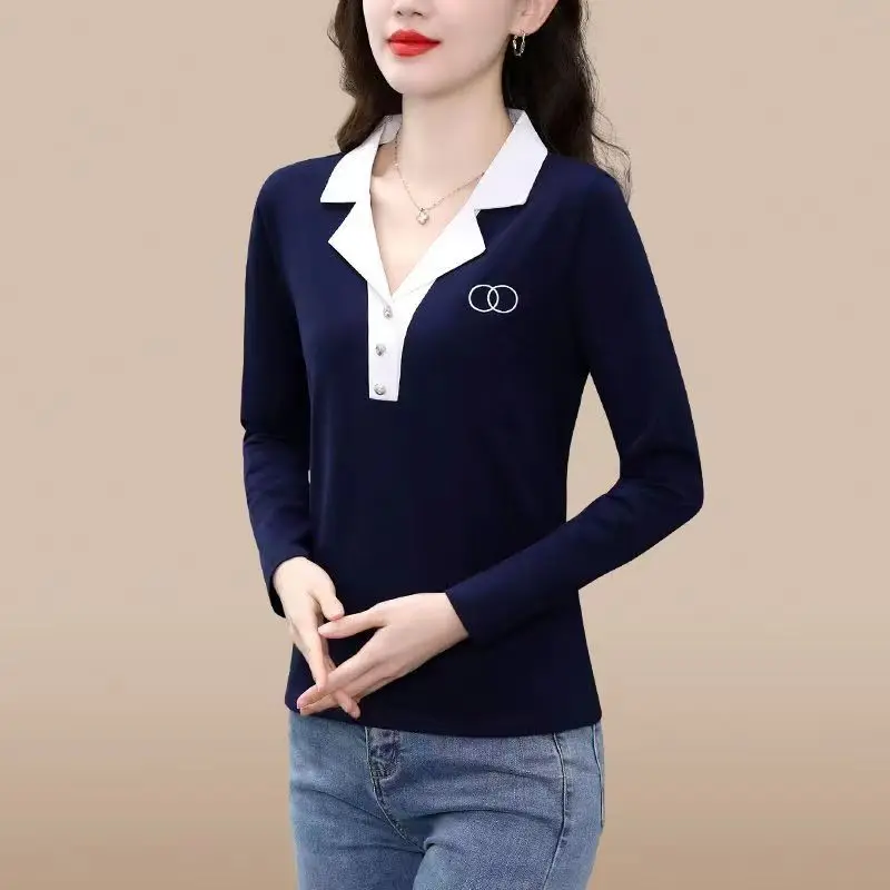 

Spring and Autumn Long Sleeve T-shirt Women's Polo Collar Fashion Elegant Slim Fit Polo Solid Button Sweet Commuter Bottom Tops