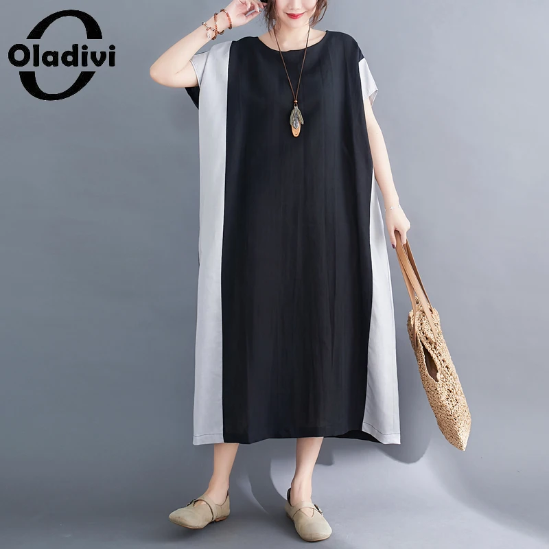 

Oladivi женская одежда большого размера повседневное свободное платье из хлопка и льна 2022 летние лоскутные платья с коротким рукавом халат пла...